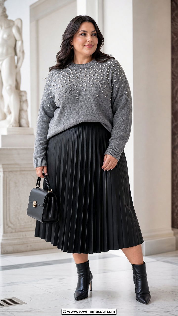Plus Size Embellished Sweater With Pleated Skirt - 20 plus size embellished top outfit ideas