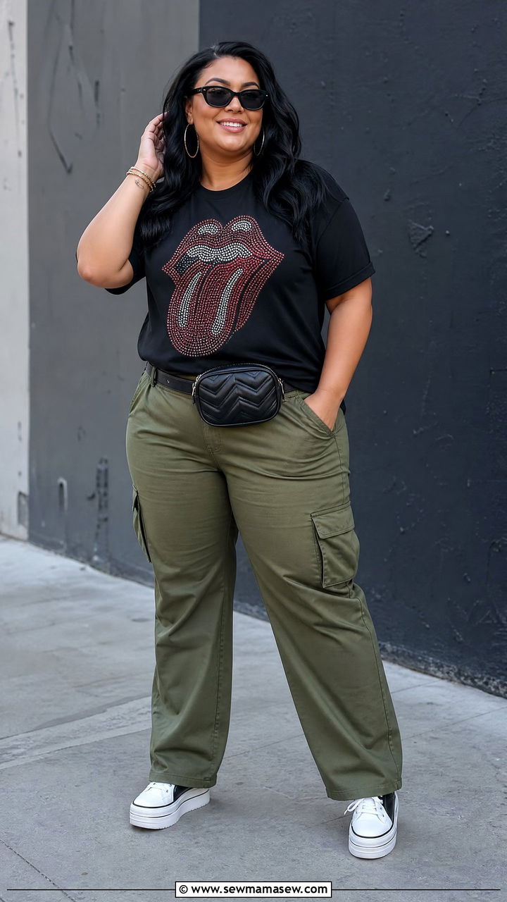 Plus Size Embellished T Shirt With Cargo Pants - 20 plus size embellished top outfit ideas