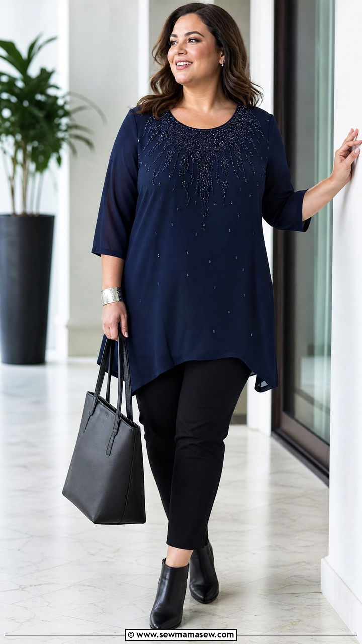 Plus Size Embellished Tunic With Slim Pants - 20 plus size embellished top outfit ideas