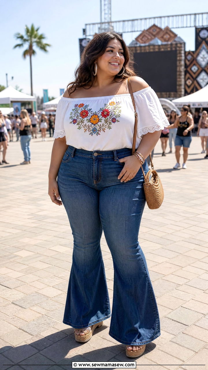 Plus Size Embroidered Off Shoulder Top With Flare Jeans - 20 plus size embroidered top outfit ideas