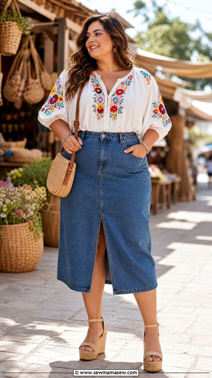 Plus Size Embroidered Peasant Blouse With Denim Skirt - 20 plus size peasant blouse outfit ideas