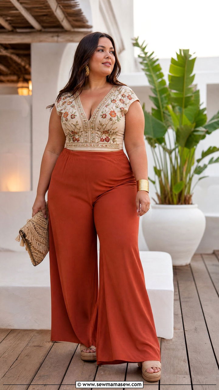 Plus Size Embroidered Top With Palazzo Pants - 20 plus size embroidered top outfit ideas