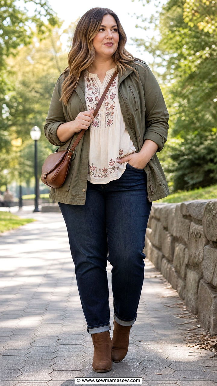 Plus Size Embroidered Top With Utility Jacket And Jeans - 20 plus size embroidered top outfit ideas