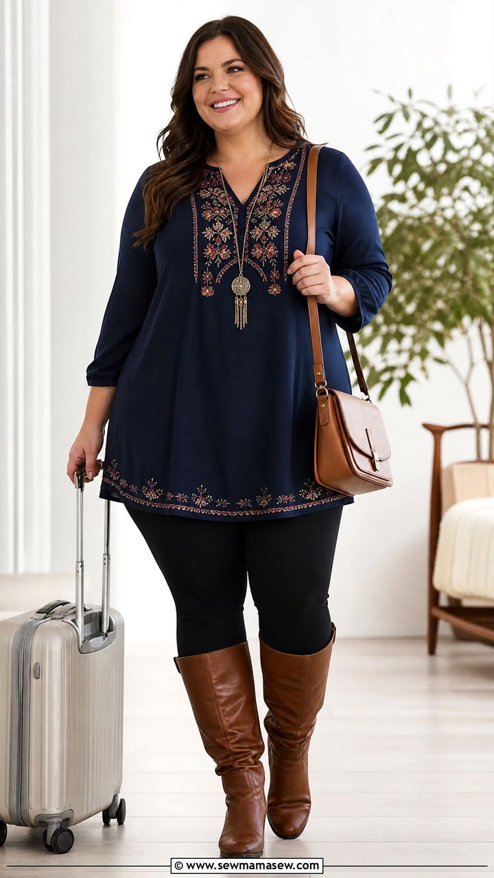 Plus Size Embroidered Tunic Top With Leggings - 20 plus size embroidered top outfit ideas