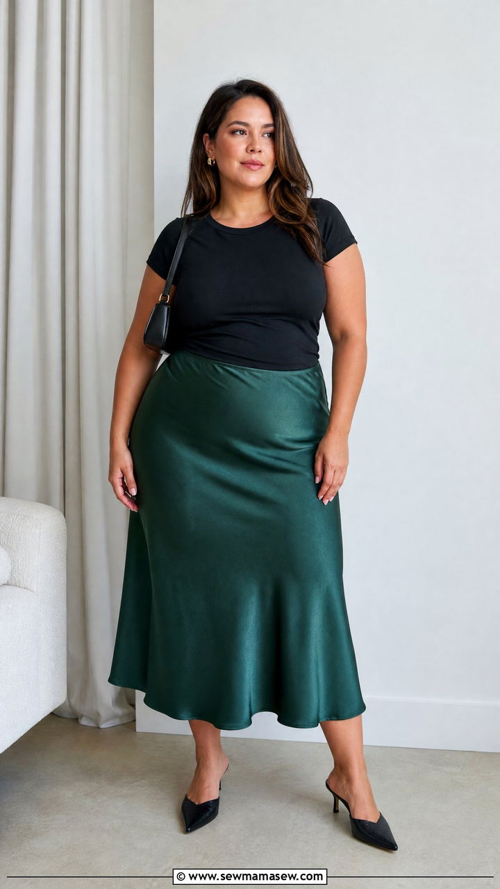 Plus Size Emerald Green Satin Skirt Outfit - 20 plus size bright color outfit ideas