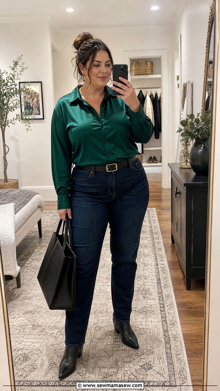 Plus Size Emerald Satin Shirt Outfit - 20 plus size jewel tone outfit ideas