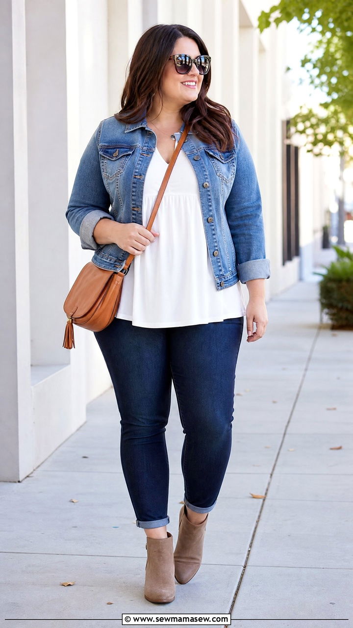 Plus Size Empire Waist Top With A Denim Jacket - 20 plus size empire waist top outfit ideas