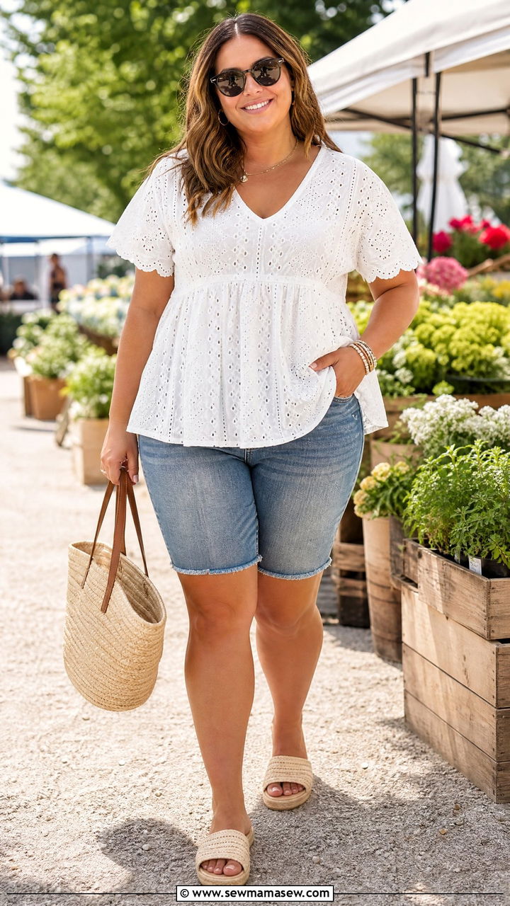 Plus Size Empire Waist Top With Denim Shorts - 20 plus size empire waist top outfit ideas