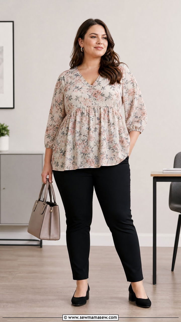 Plus Size Empire Waist Top With Slim Pants - 20 plus size tops to hide belly outfit ideas