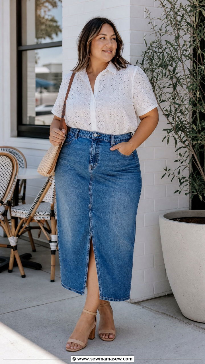 Plus Size Eyelet Top With A Denim Skirt - 20 plus size eyelet top outfit ideas