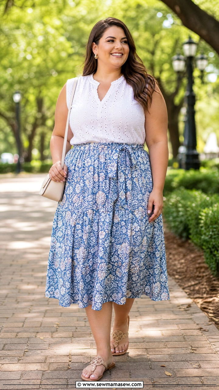 Plus Size Eyelet Top With A Printed Skirt - 20 plus size eyelet top outfit ideas