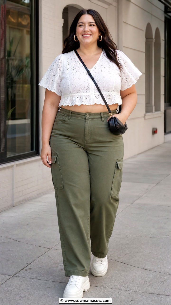 Plus Size Eyelet Top With Cargo Pants - 20 plus size eyelet top outfit ideas