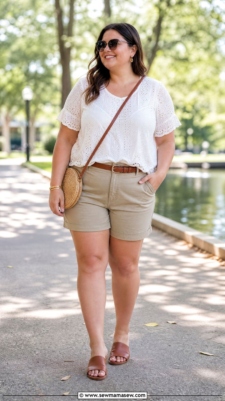 Plus Size Eyelet Top With Chino Shorts - 20 plus size summer top outfit ideas