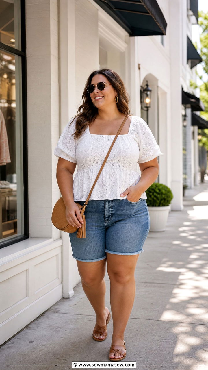 Plus Size Eyelet Top With Denim Shorts - 20 plus size eyelet top outfit ideas