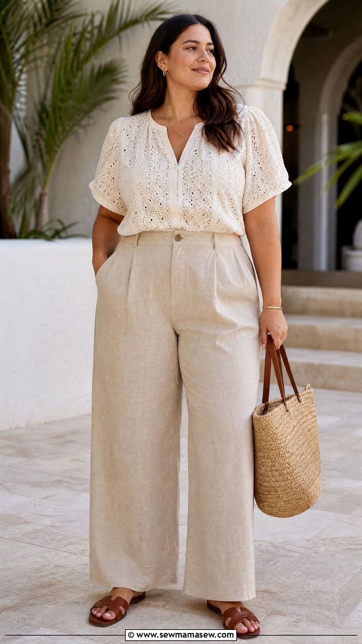 Plus Size Eyelet Top With Linen Pants - 20 plus size eyelet top outfit ideas