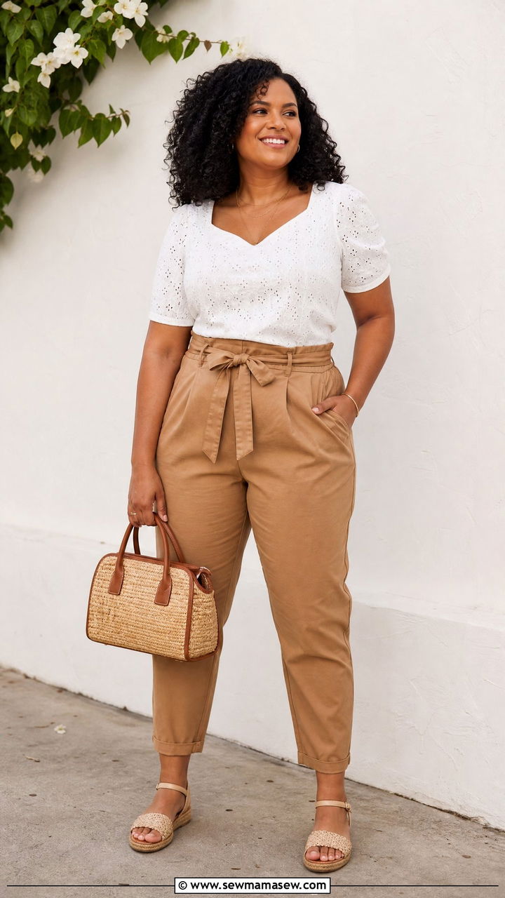 Plus Size Eyelet Top With Paperbag Pants - 20 plus size eyelet top outfit ideas