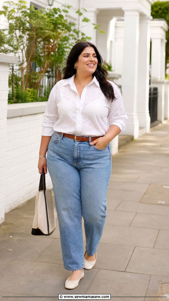 Plus Size Eyelet Top With Straight Leg Jeans - 20 plus size eyelet top outfit ideas