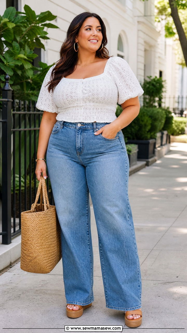 Plus Size Eyelet Top With Wide Leg Jeans - 20 plus size eyelet top outfit ideas