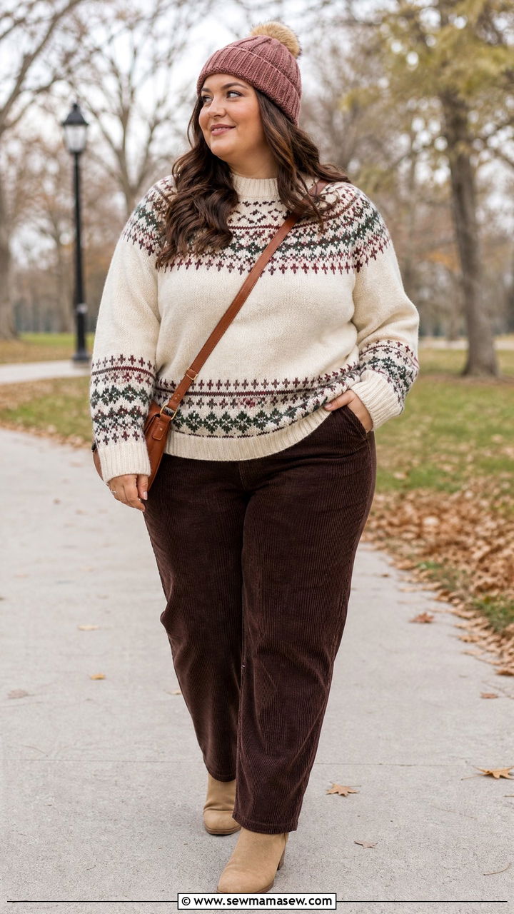 Plus Size Fair Isle Sweater And Corduroy Pants Outfit - 20 plus size cozy sweater outfit ideas