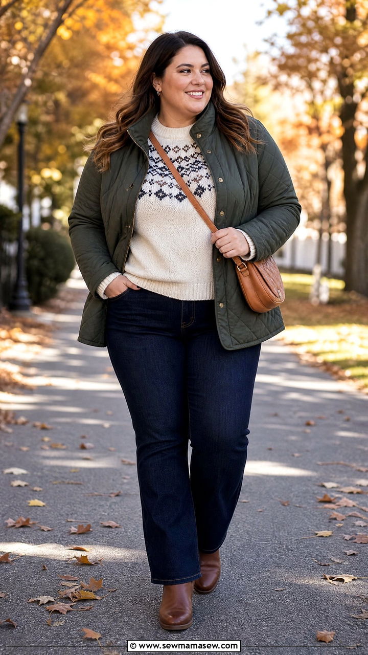 Plus Size Fair Isle Sweater With Dark Denim - 20 plus size fall sweater outfit ideas