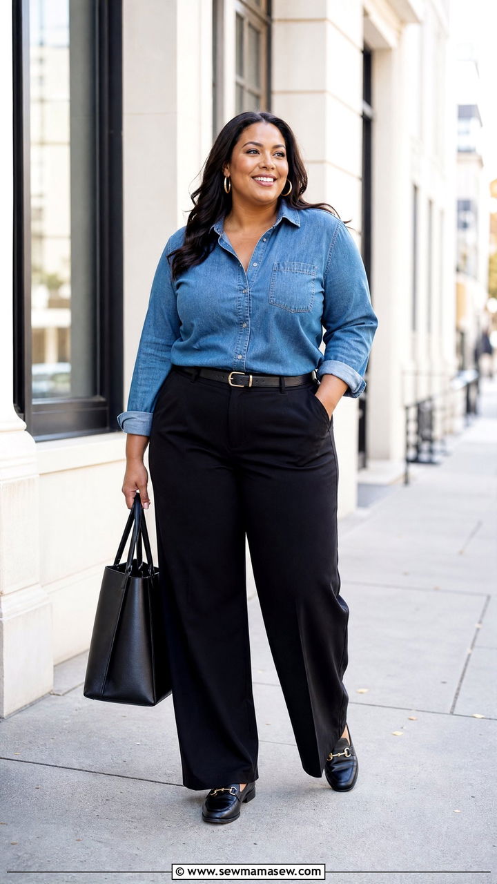 Plus Size Fall Denim Shirt With Black Pants - 20 plus size fall top outfit ideas