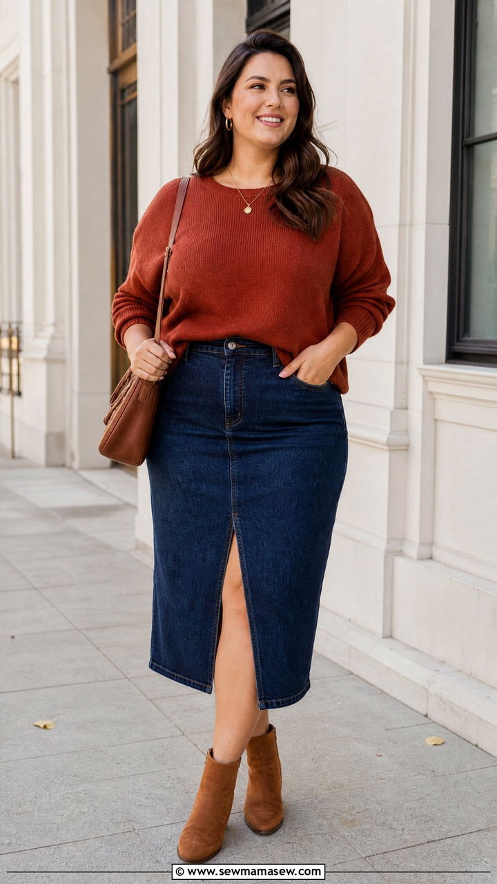 Plus Size Fall Denim Skirt And Sweater Outfit - 20 plus size fall outfit ideas casual
