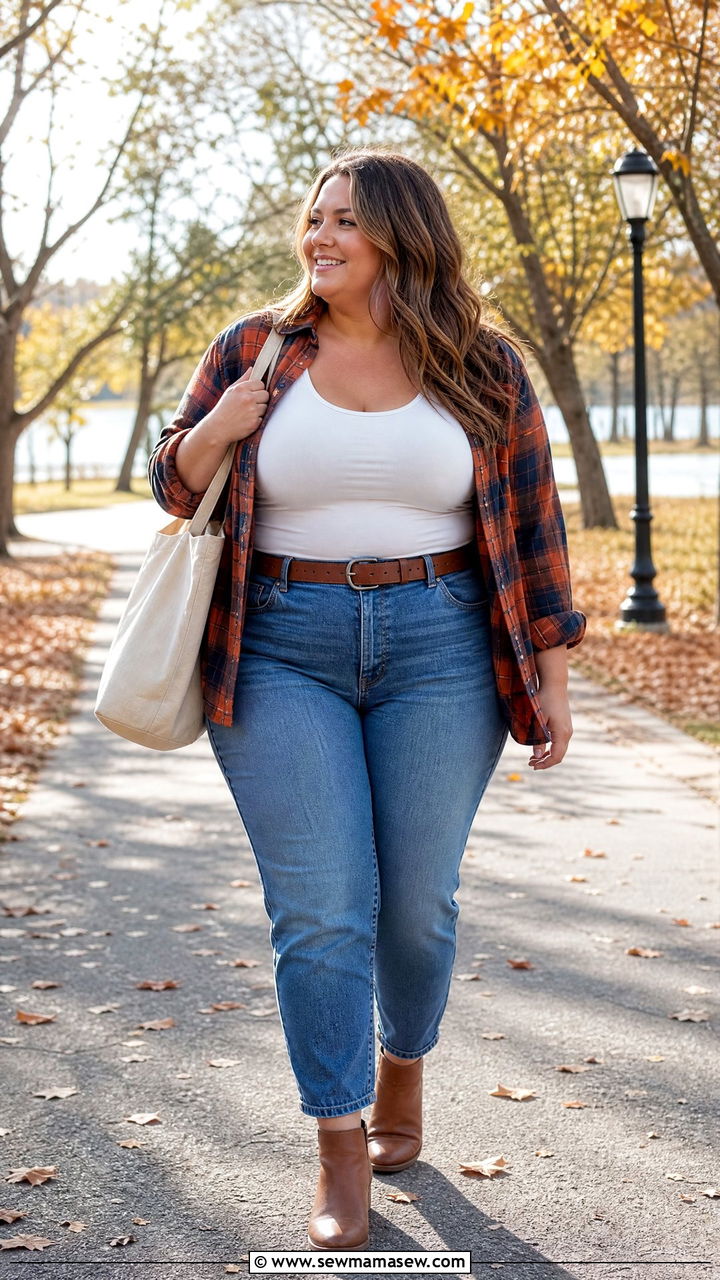Plus Size Fall Flannel Shirt And Jeans Outfit - 20 plus size fall outfit ideas casual