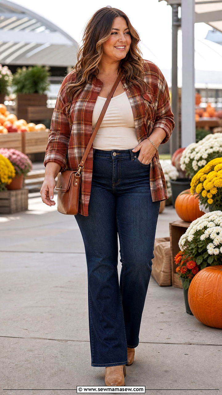 Plus Size Fall Flannel Shirt With Bootcut Jeans - 20 plus size fall top outfit ideas