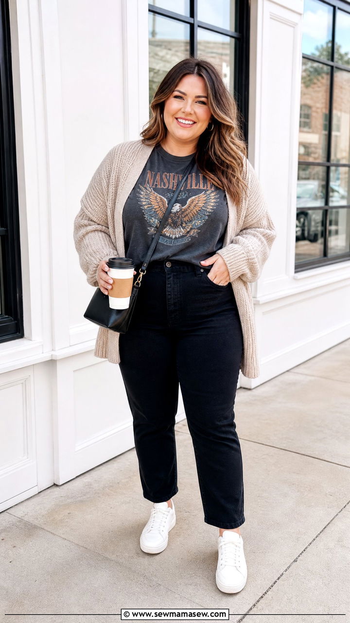 Plus Size Fall Graphic Tee And Cardigan Outfit - 20 plus size fall outfit ideas casual