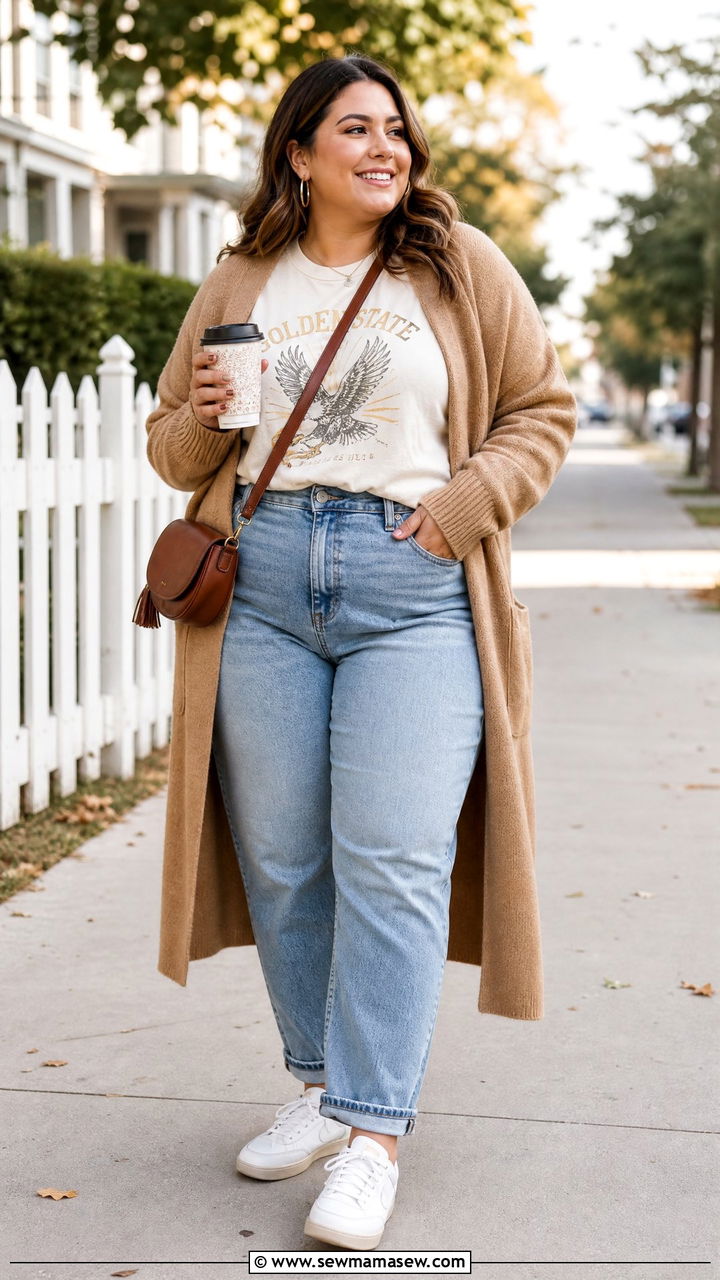 Plus Size Fall Graphic Tee With Long Cardigan - 20 plus size fall top outfit ideas