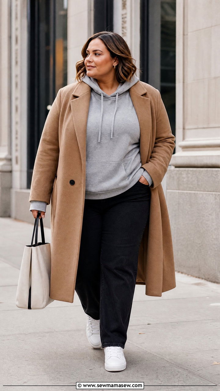 Plus Size Fall Hoodie With Tailored Coat - 20 plus size fall top outfit ideas