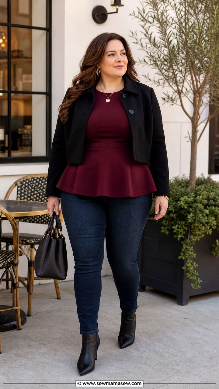 Plus Size Fall Peplum Top With Dark Denim - 20 plus size fall top outfit ideas