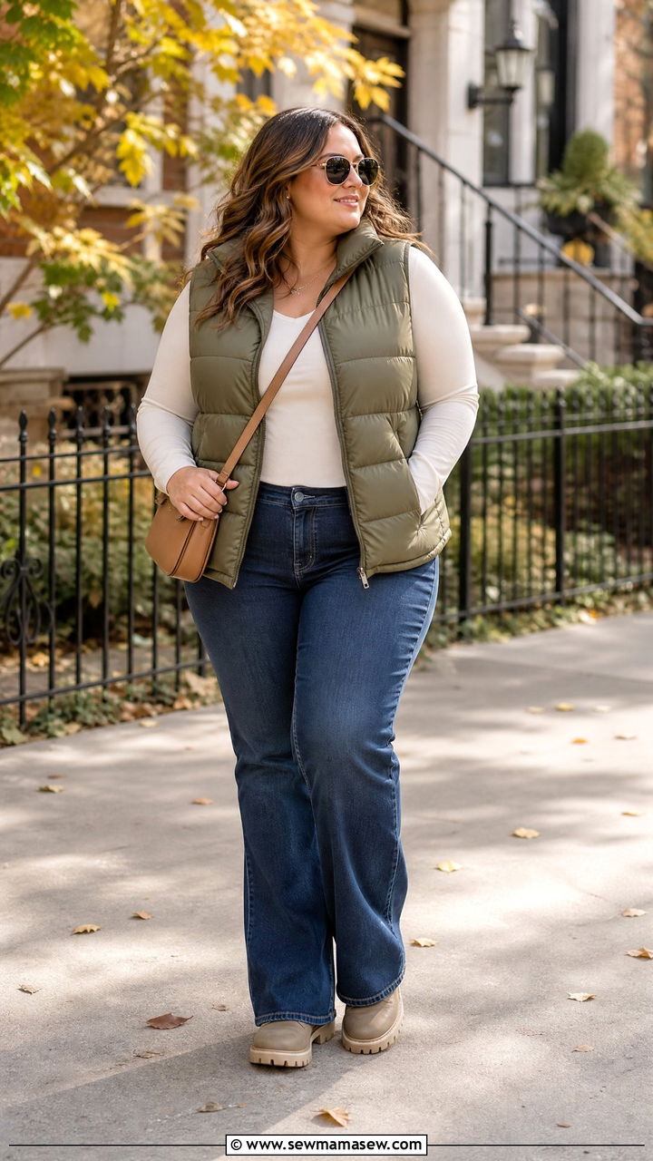Plus Size Fall Puffer Vest And Jeans Outfit - 20 plus size fall outfit ideas casual