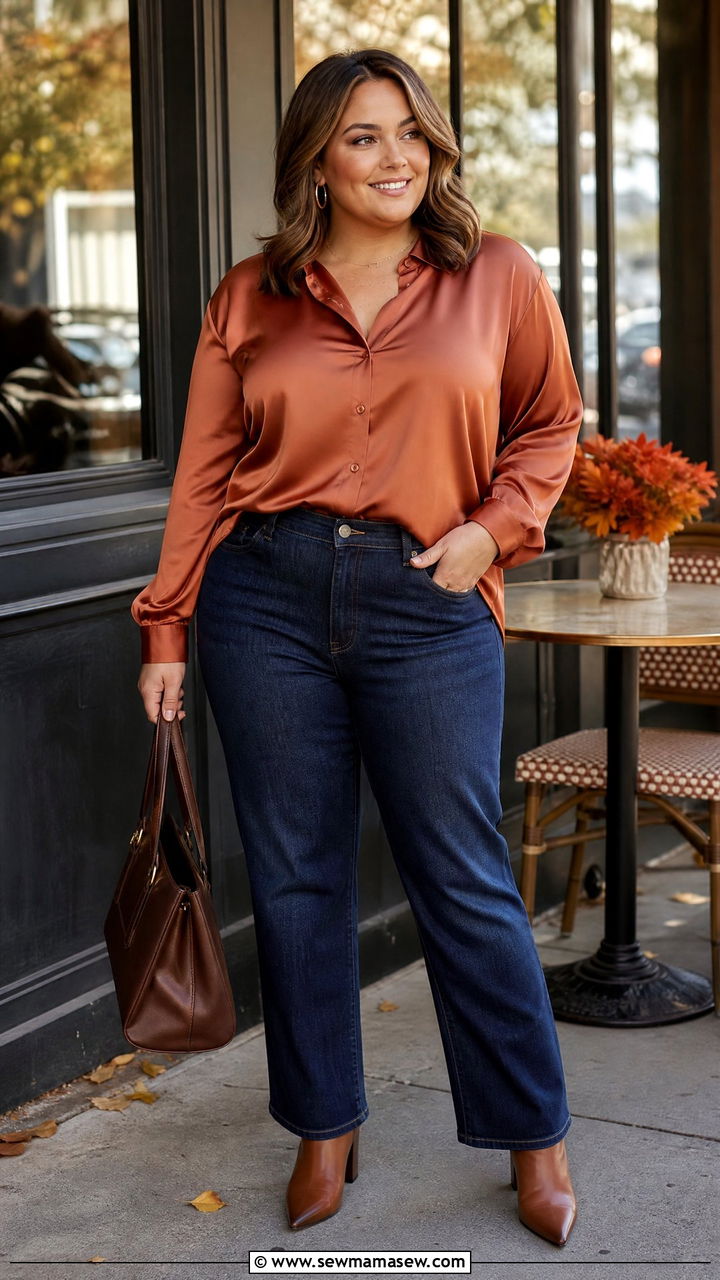 Plus Size Fall Satin Blouse With Jeans - 20 plus size fall top outfit ideas