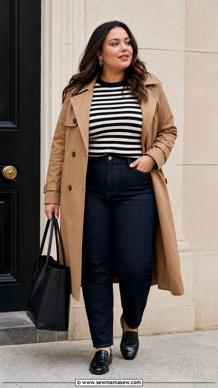 Plus Size Fall Striped Top With Trench Coat - 20 plus size fall top outfit ideas