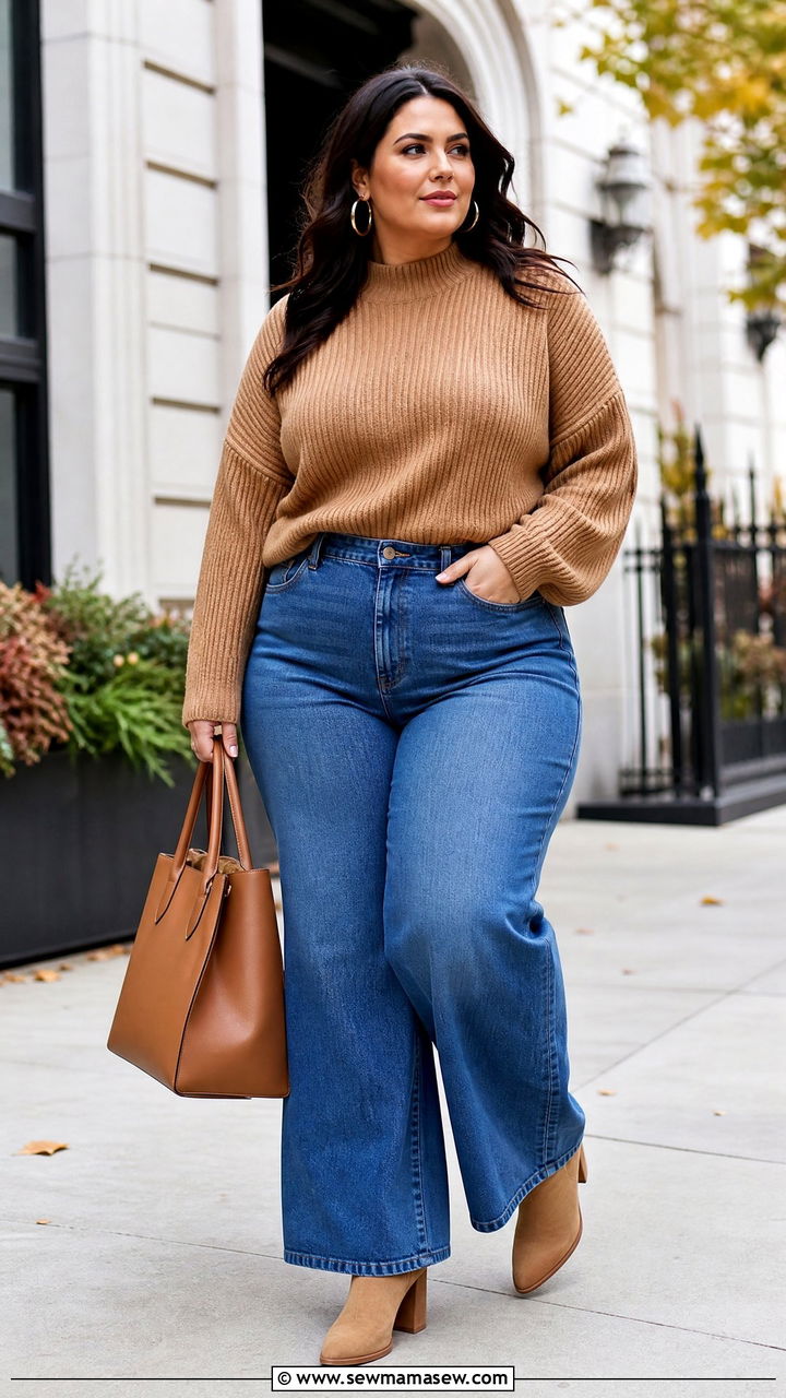 Plus Size Fall Sweater Top With Wide Leg Jeans - 20 plus size fall top outfit ideas