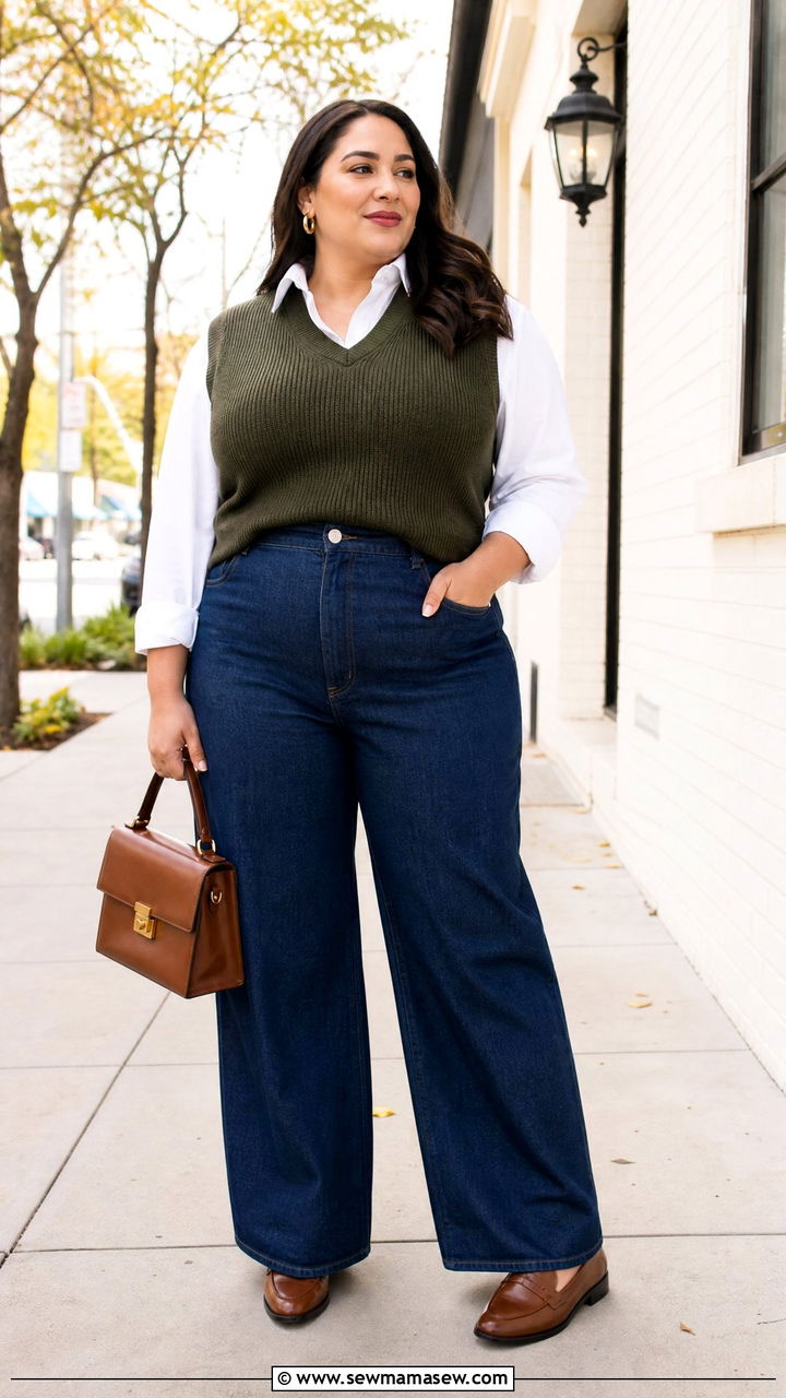 Plus Size Fall Sweater Vest With White Shirt - 20 plus size fall top outfit ideas