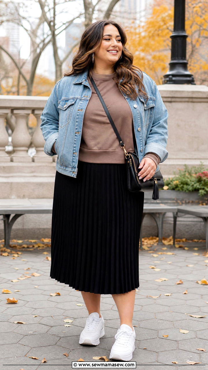 Plus Size Fall Sweatshirt With Pleated Skirt - 20 plus size fall top outfit ideas