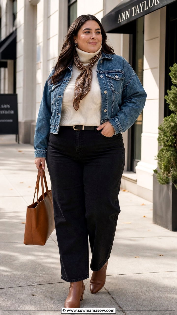 Plus Size Fall Turtleneck Top With Denim Jacket - 20 plus size fall top outfit ideas