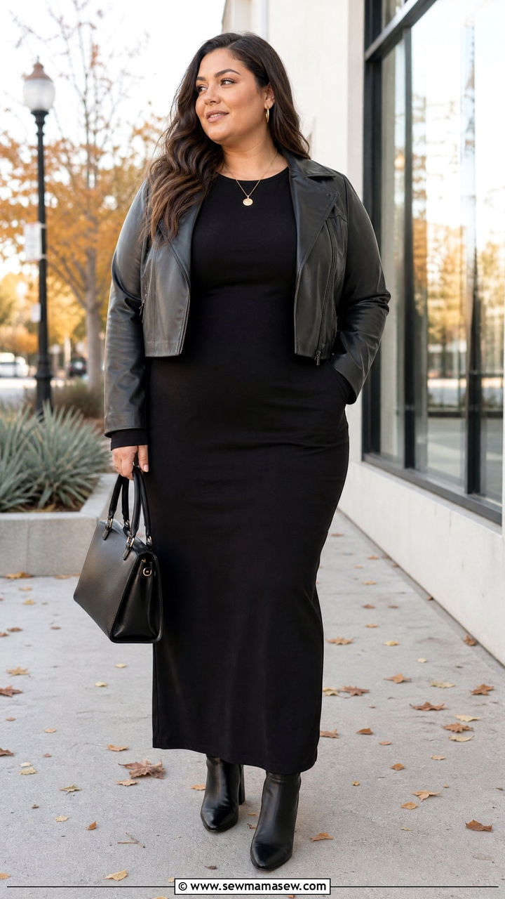 Plus Size Faux Leather Jacket With Maxi Dress - 20 plus size cozy fall outfits