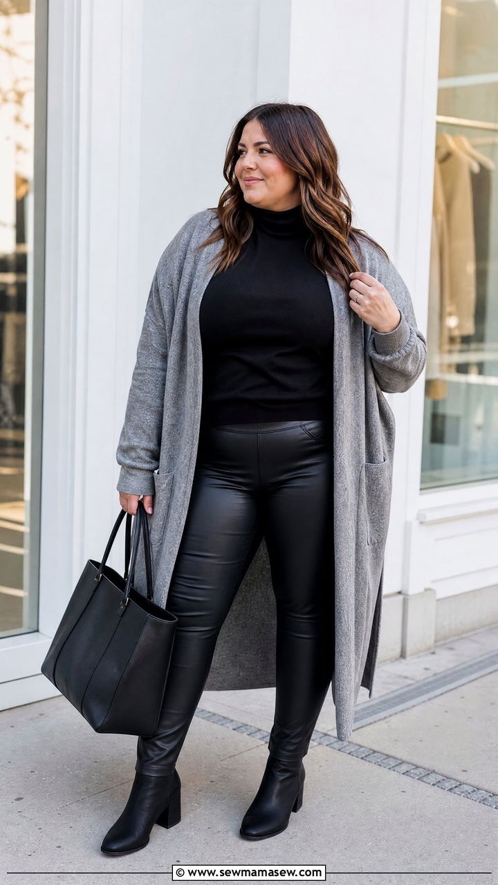 Plus Size Faux Leather Leggings With Long Cardigan - 20 plus size winter outfit ideas with leggings