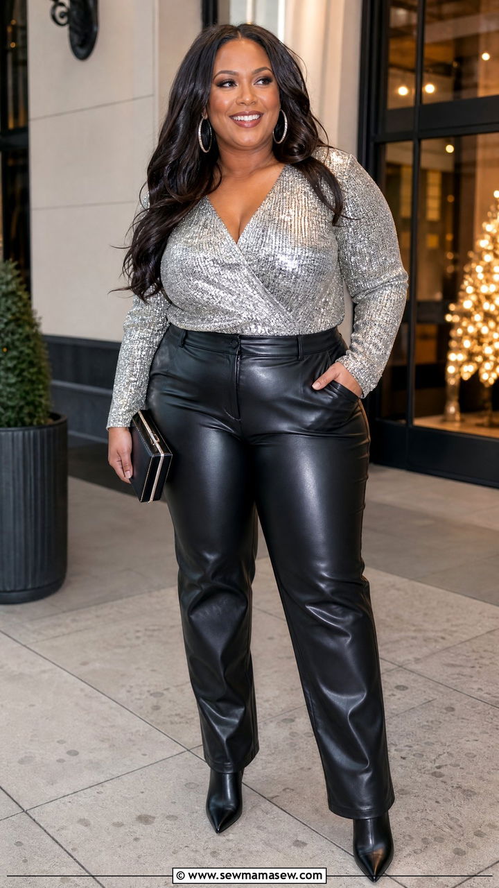 Plus Size Faux Leather Pants And Sparkly Top Outfit - 20 plus size holiday party outfit ideas