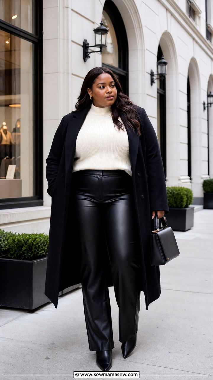Plus Size Faux Leather Pants Winter Outfit - 20 plus size layered winter outfits