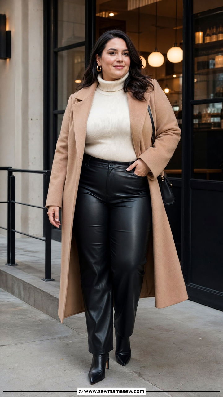 Plus Size Faux Leather Pants With Turtleneck - 20 plus size winter date night outfit ideas