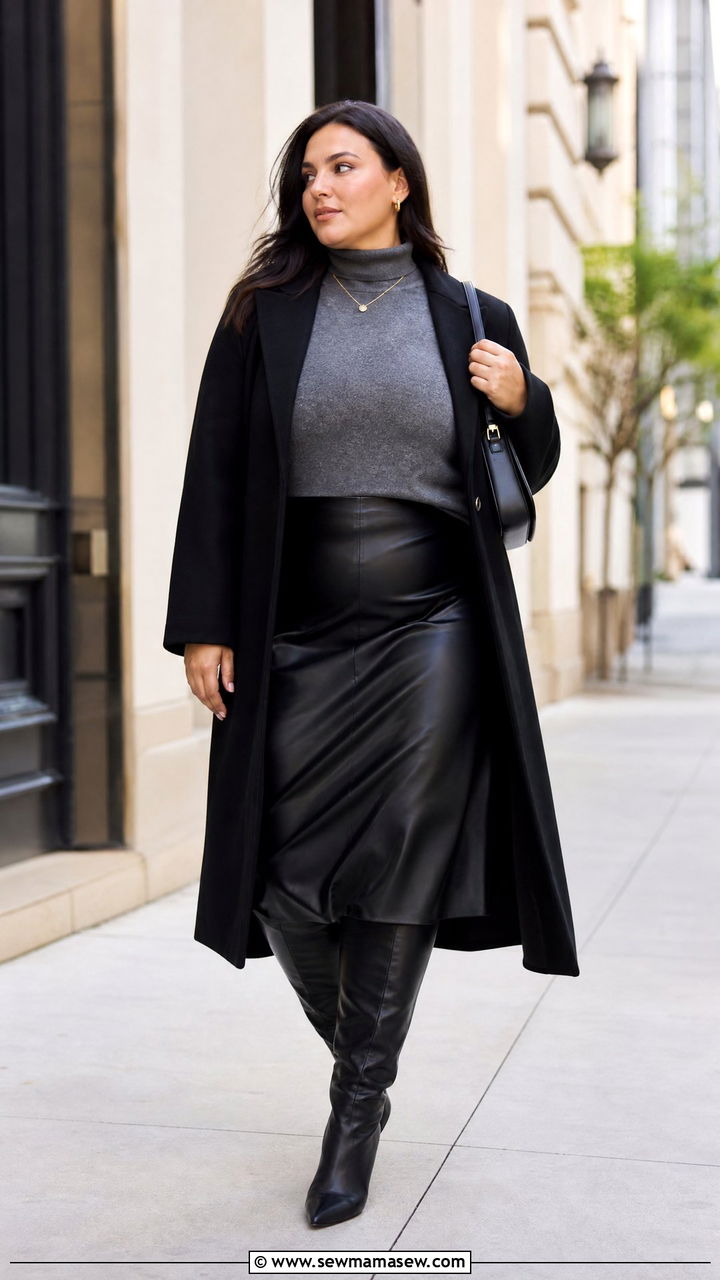 Plus Size Faux Leather Skirt With Tall Boots - 20 plus size fall outfit ideas with boots
