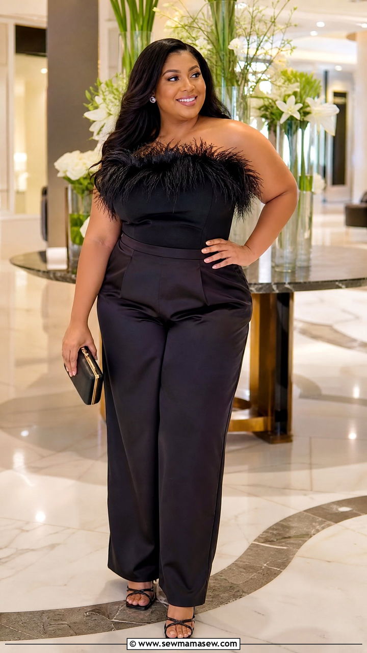 Plus Size Feather Trim Top With Satin Pants - 20 plus size new years eve top outfit ideas