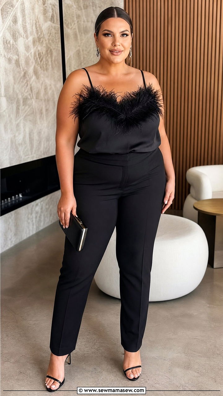 Plus Size Feather Trim Top With Tailored Pants Outfit - 20 plus size going out top outfit ideas