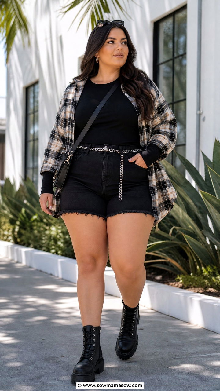 Plus Size Fishnet Top With Black Denim Shorts - 20 plus size edgy top outfit ideas