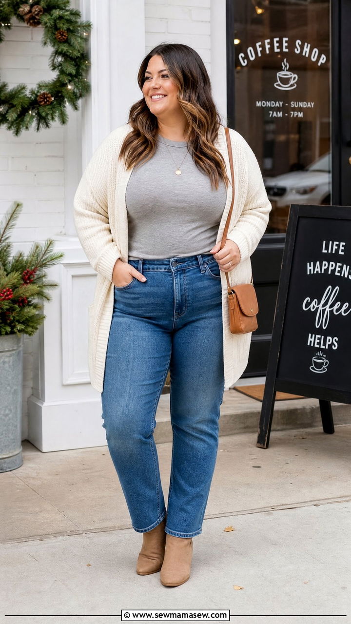Plus Size Fitted T Shirt With Cardigan And Jeans - 20 plus size fitted t shirt outfit ideas