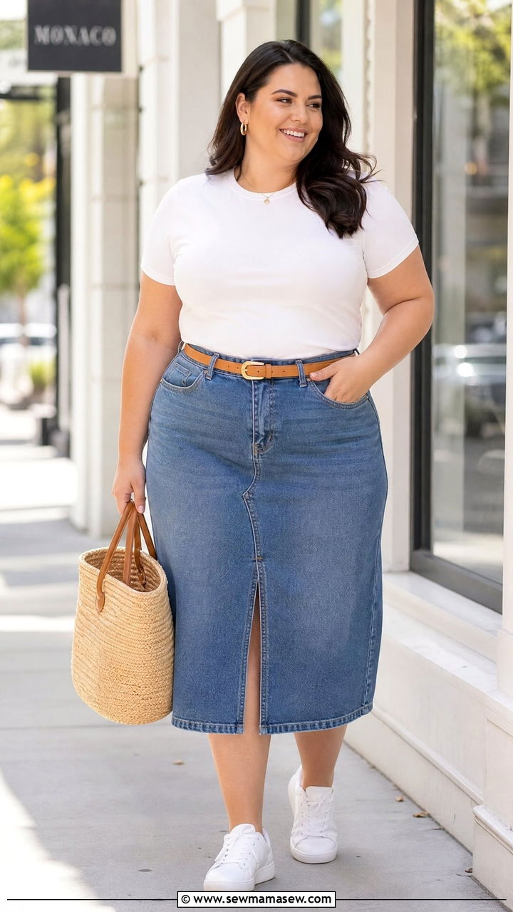 Plus Size Fitted T Shirt With Denim Skirt - 20 plus size fitted t shirt outfit ideas